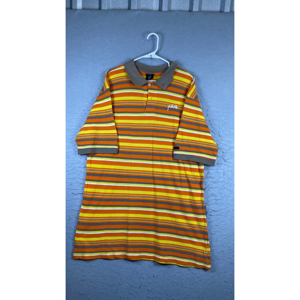 FUBU Polo Shirt Mens XL Orange Striped Excellent Short Sleeve Pique Cotton